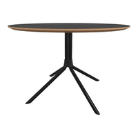 Black round table with a wooden edge and sleek black tripod legs, adding modern elegance to any space.