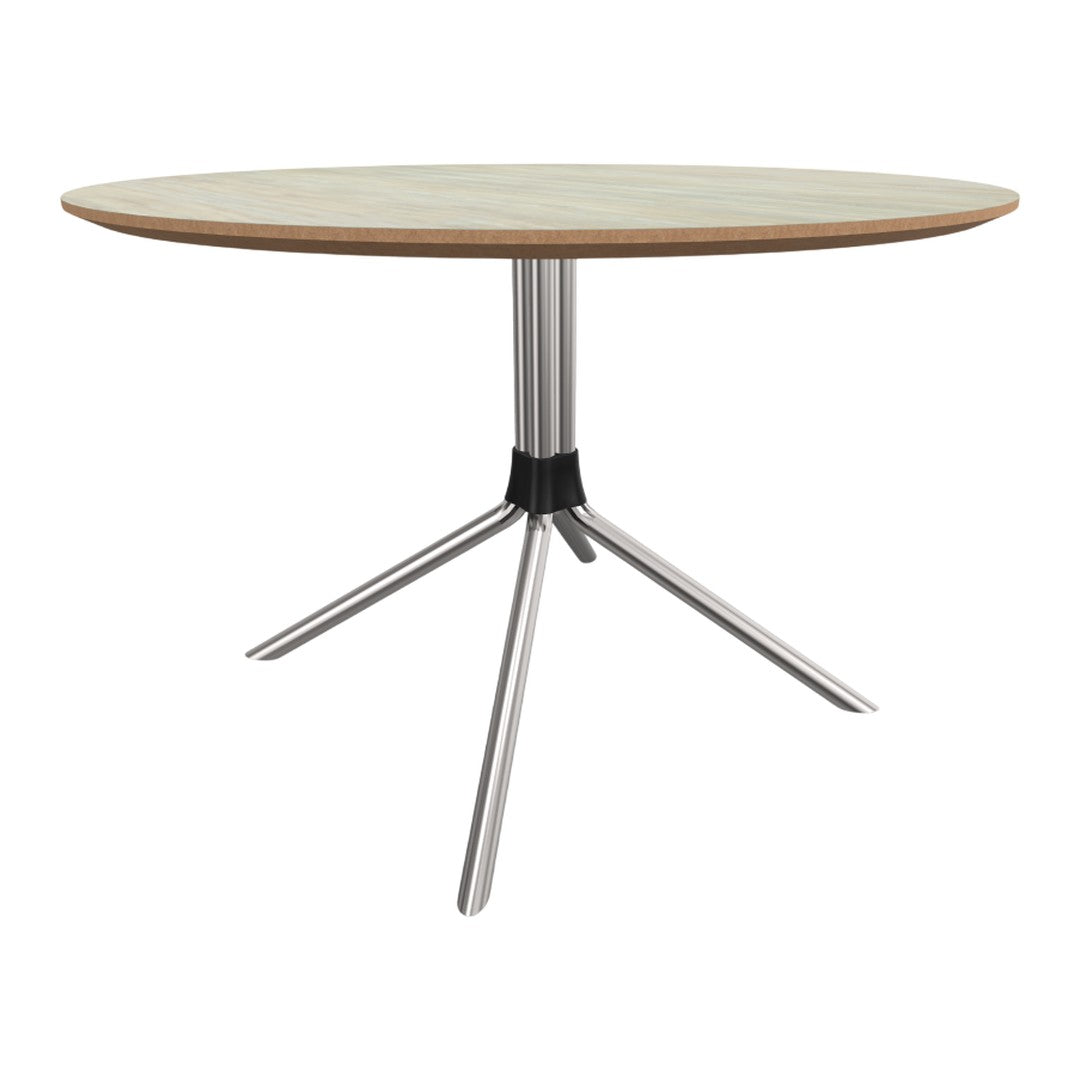 Round wooden table with a light oak finish, featuring a sleek silver metal tripod base and black accents.