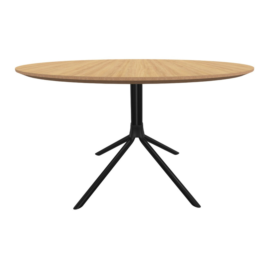 Round wooden dining table with a natural oak finish and a sleek black metal base. Modern and minimalist design.