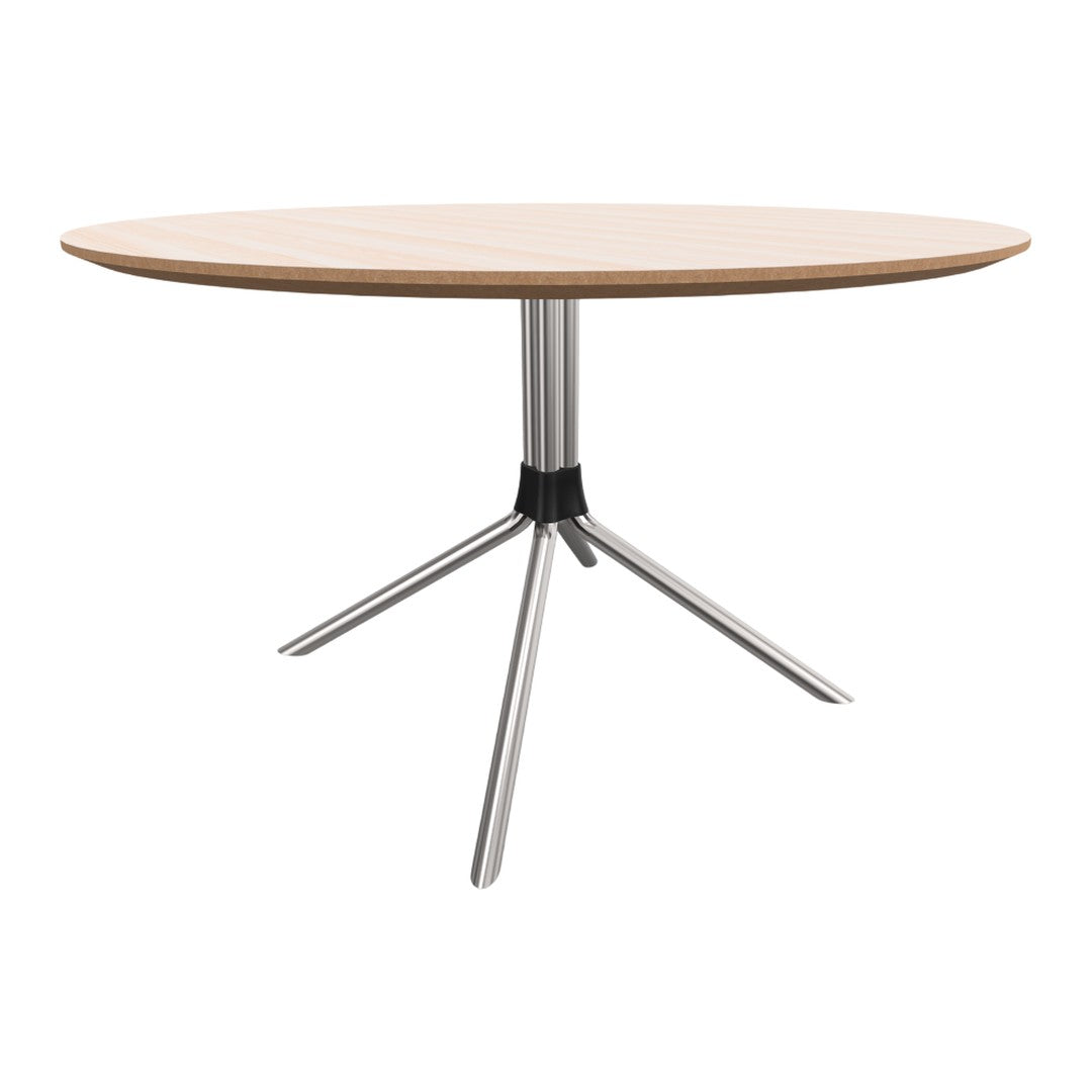 Round wooden table with a natural finish and sleek silver metal legs, featuring a minimalist and modern design.
