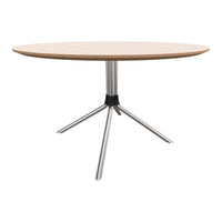 Round wooden table with a natural finish and sleek silver metal legs, featuring a minimalist and modern design.