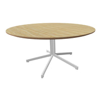 Natural wood grain tabletop in warm tones with a sleek white base, combining elegance and modern simplicity.
