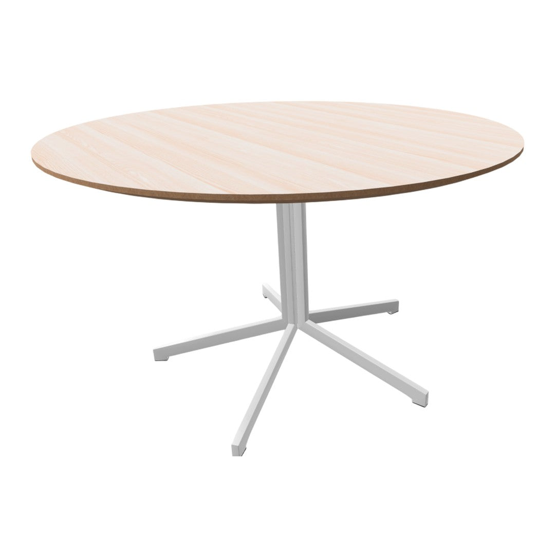 Round wooden table with a light wood finish and a sleek white metal base, perfect for modern decor.