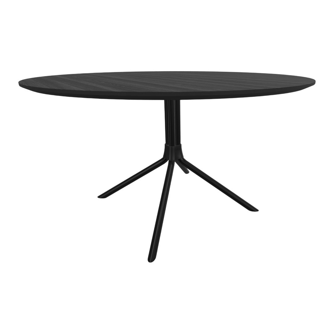 Sleek black round table with a smooth wooden surface and modern black tripod legs. Perfect for minimalist decor.