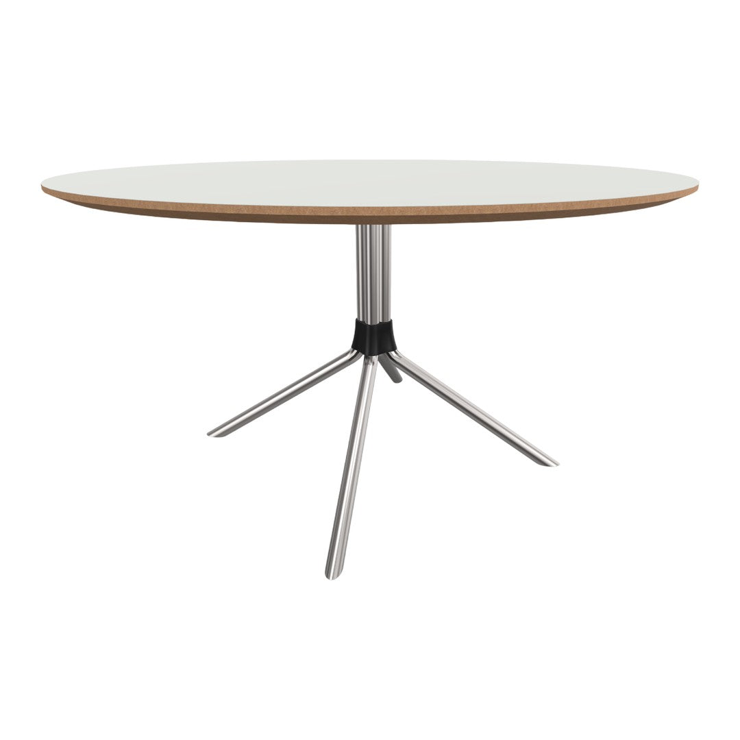 Round table with a white top and natural wood edge, featuring a sleek metal base in silver. Modern design for any space.