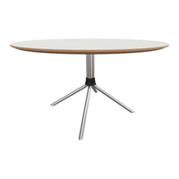 Round table with a white top and natural wood edge, featuring a sleek metal base in silver. Modern design for any space.