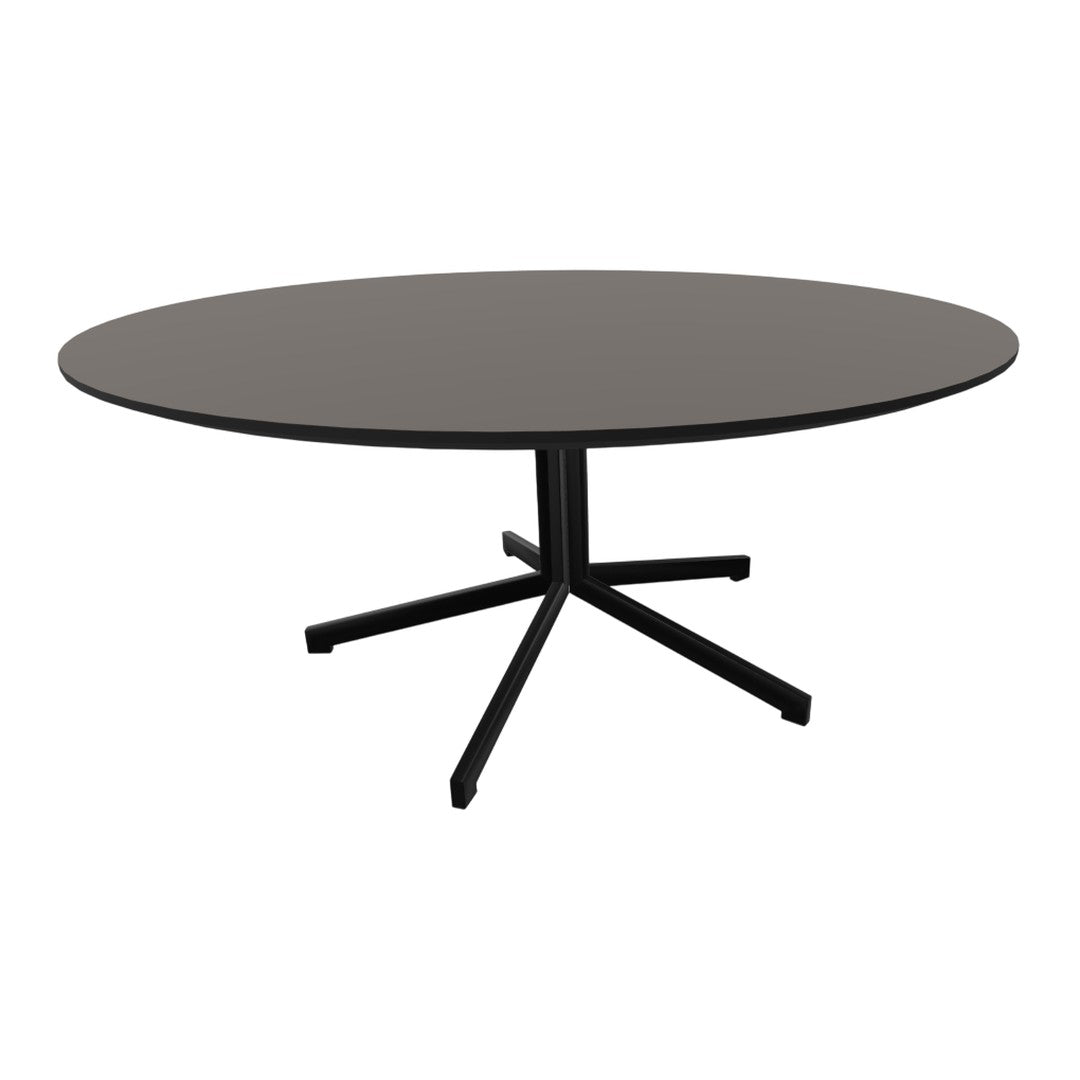 Round black dining table with a sleek, modern design and a smooth gray surface. Perfect for contemporary spaces.
