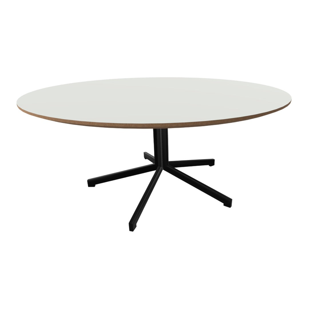Round table with a white top and natural wood edge, featuring a sleek black metal base. Modern and minimalist design.