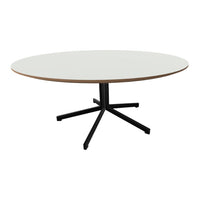 Round table with a white top and natural wood edge, featuring a sleek black metal base. Modern and minimalist design.