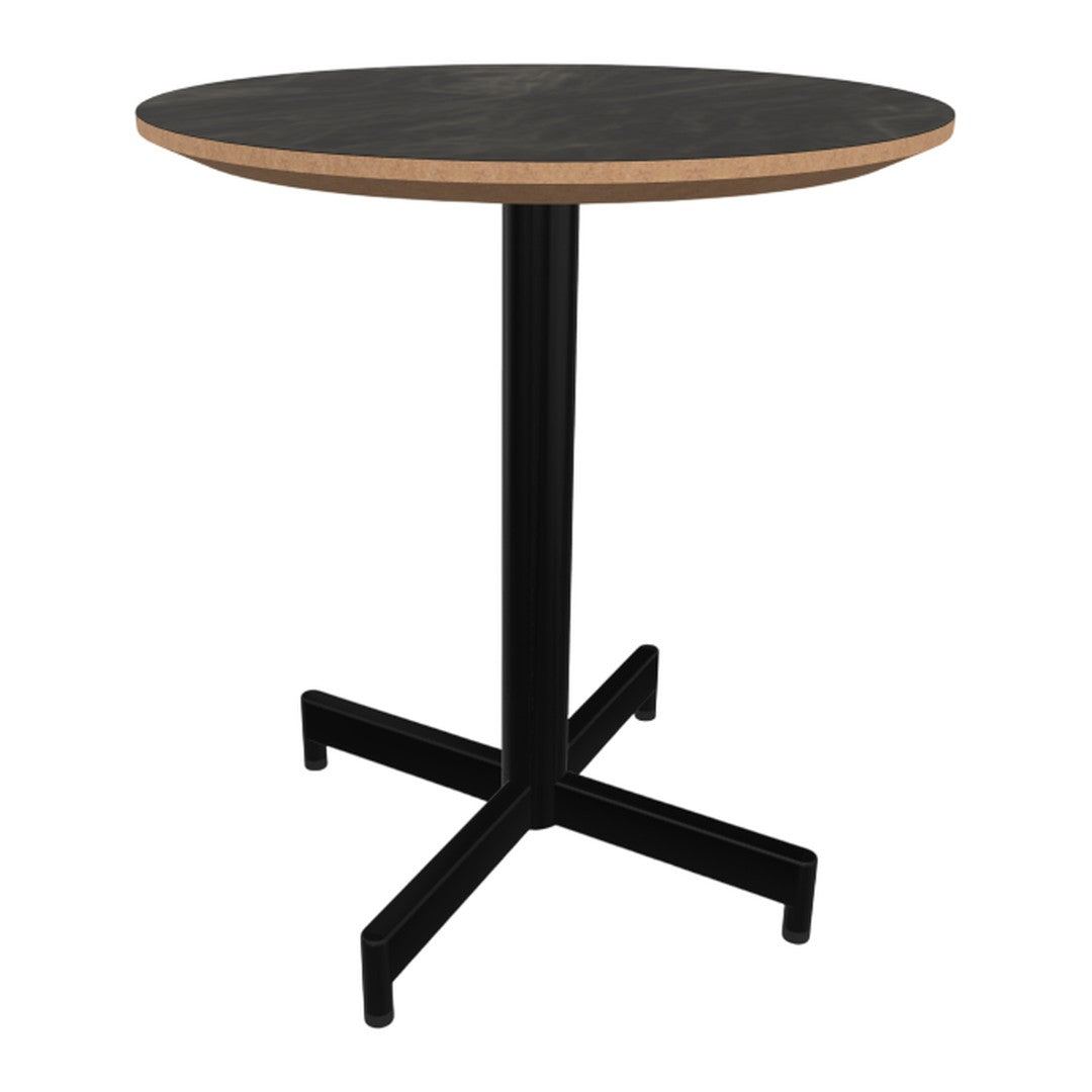 Black round tabletop with a natural wood edge on a sleek black metal base. Modern design for versatile decor.