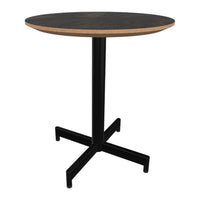 Black round tabletop with a natural wood edge on a sleek black metal base. Modern design for versatile decor.