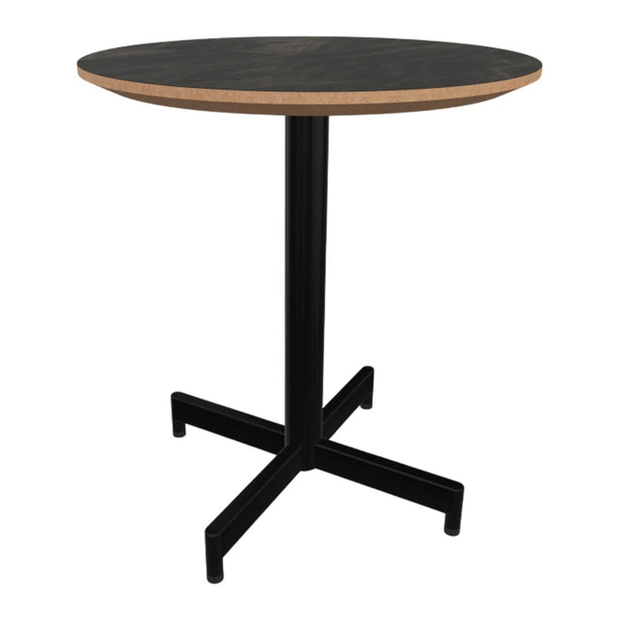Black round tabletop with a natural wood edge on a sleek black metal base. Modern design for versatile decor.