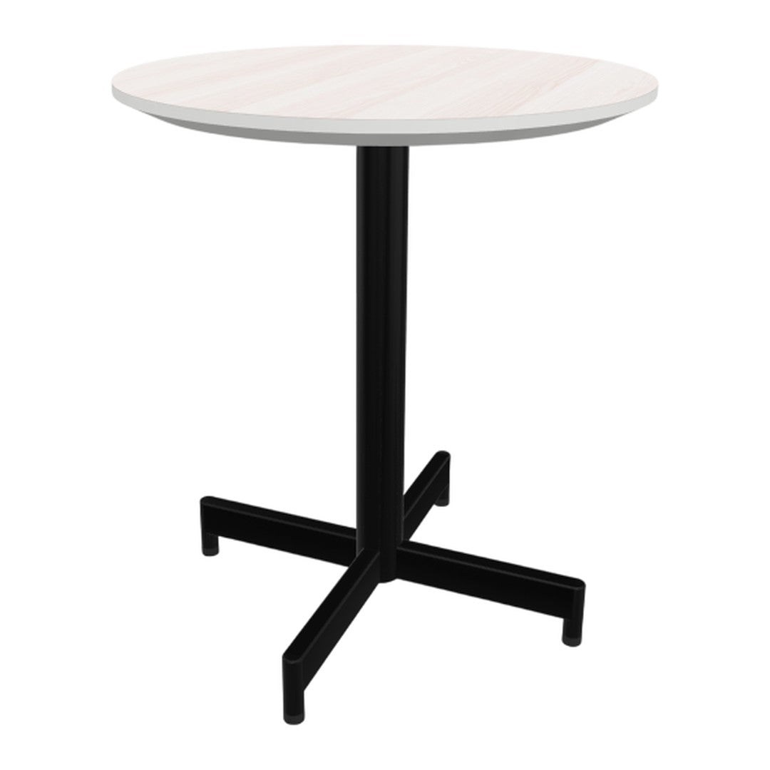Round dining table with a light wood grain top and sleek black metal base. Minimalist and modern design.