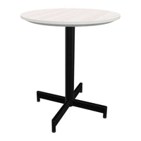 Round dining table with a light wood grain top and sleek black metal base. Minimalist and modern design.