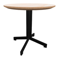 Round wooden tabletop in a natural light finish with a sleek black metal base. Modern, minimalist design.