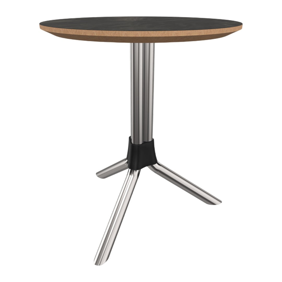 Black tabletop with natural wood edge and polished stainless steel base, featuring a sleek modern design.