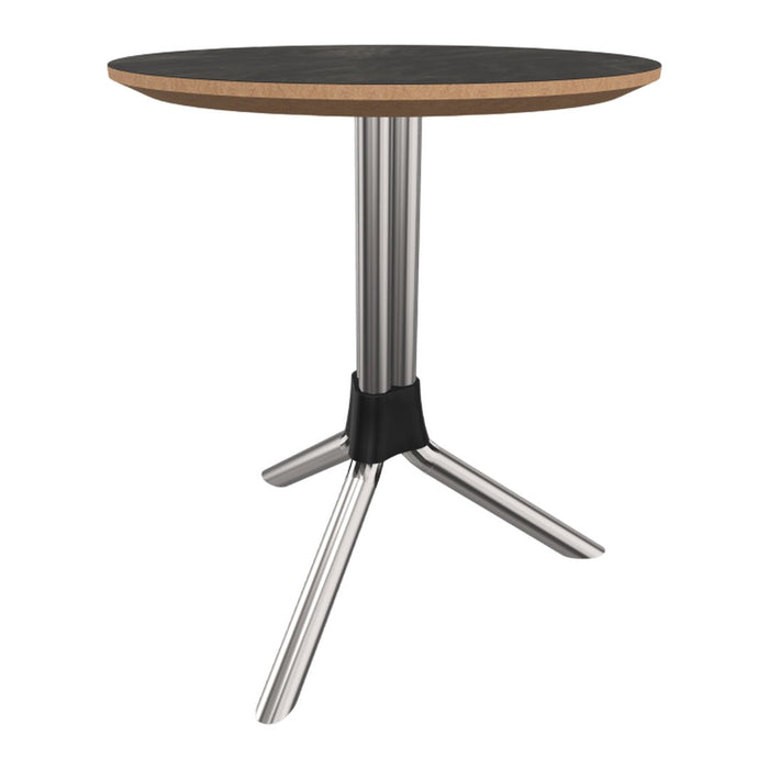 Black tabletop with natural wood edge and polished stainless steel base, featuring a sleek modern design.