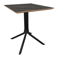 Black marble tabletop with a natural wood edge and sleek black metal base, perfect for modern decor.