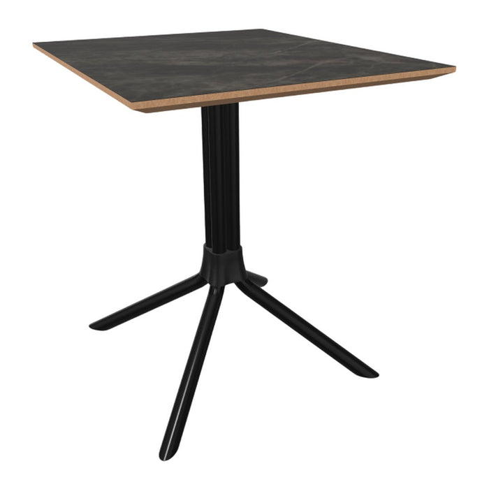 Black marble tabletop with a natural wood edge and sleek black metal base, perfect for modern decor.