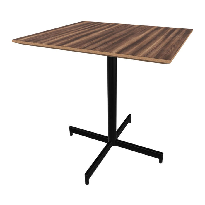 Square table with a rich brown wood grain top and a sleek black metal base. Perfect for modern spaces.