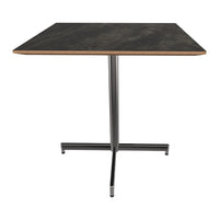 Modern square table with a dark gray marbled top and sleek black metal base, perfect for stylish decor.