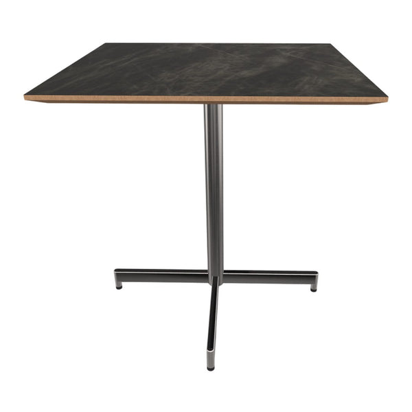 Modern square table with a dark gray marbled top and sleek black metal base, perfect for stylish decor.