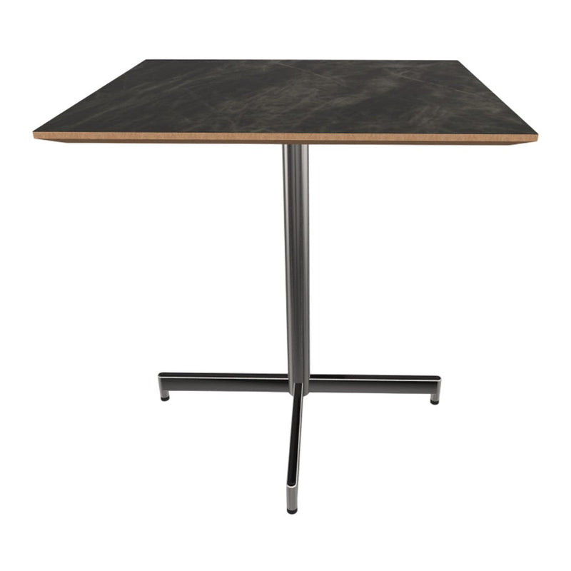 Modern square table with a dark gray marbled top and sleek black metal base, perfect for stylish decor.