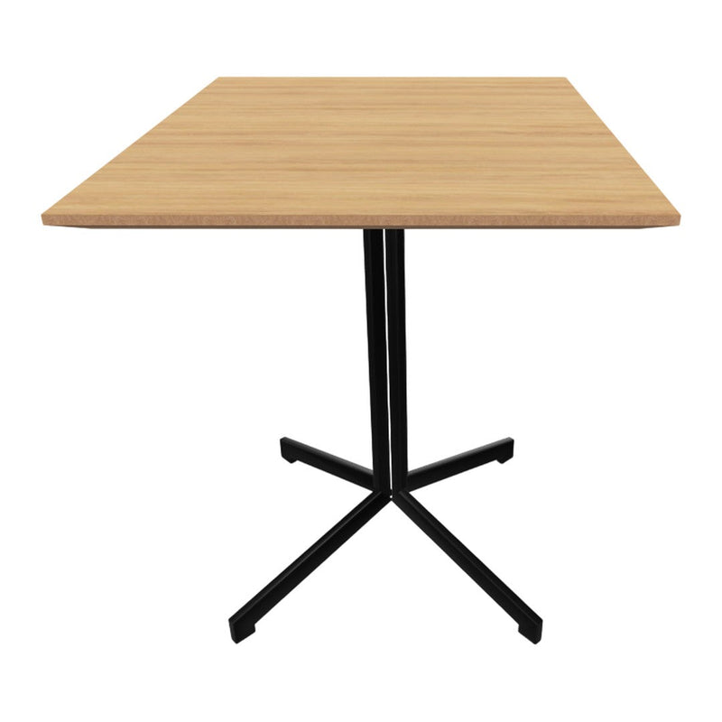 Square wood tabletop in light beige finish with a sleek black metal base. Modern and minimalist design.