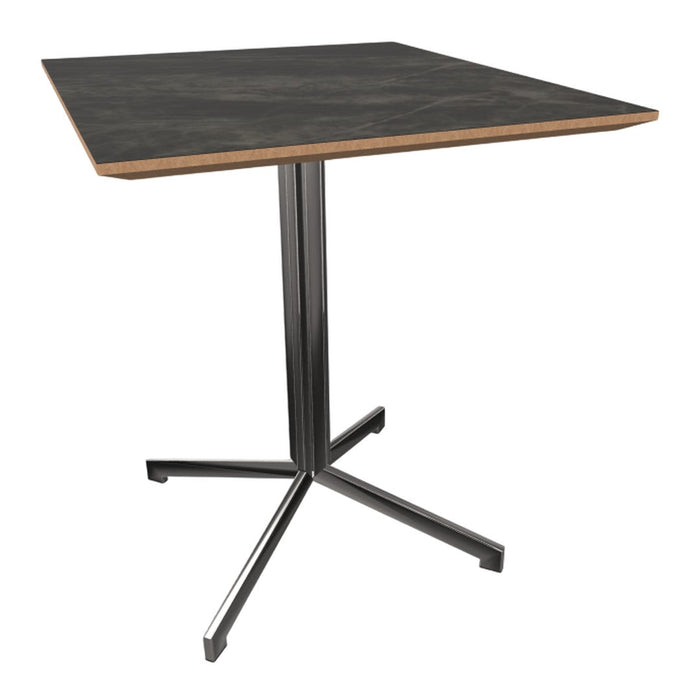 Square table with a dark marble-patterned top and a sleek black metal base; modern and stylish design.
