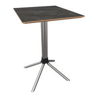 Modern square table with a sleek black marble top and polished silver metal legs, featuring a minimalist design.