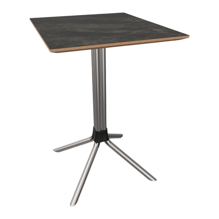 Modern square table with a sleek black marble top and polished silver metal legs, featuring a minimalist design.