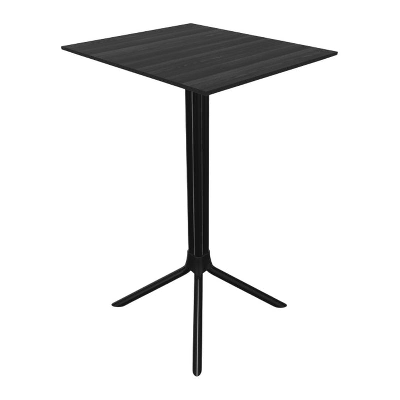 Black square table with a sleek, modern design featuring a textured surface and sturdy black base.