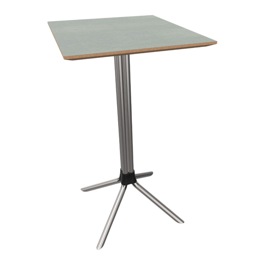 Square light gray tabletop with a natural wood edge, supported by a sleek silver metallic base.
