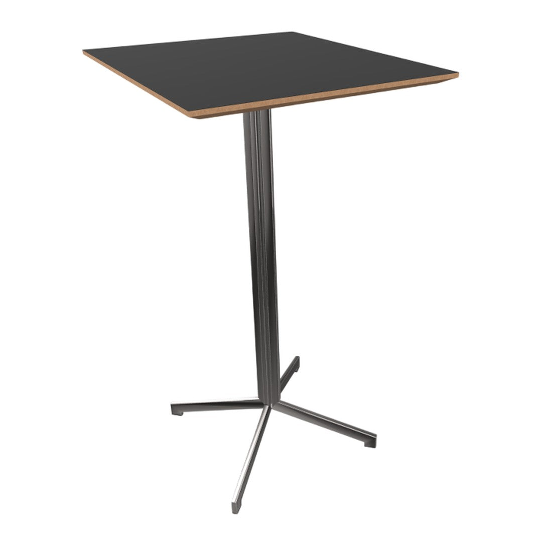 Black square tabletop with a wood-trimmed edge and a sleek metal base in a modern design.