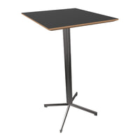 Black square tabletop with a wood-trimmed edge and a sleek metal base in a modern design.