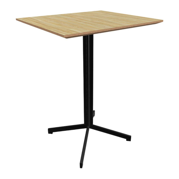 Natural wood tabletop with light oak finish and sleek black metal legs, modern minimalist design, square shape.