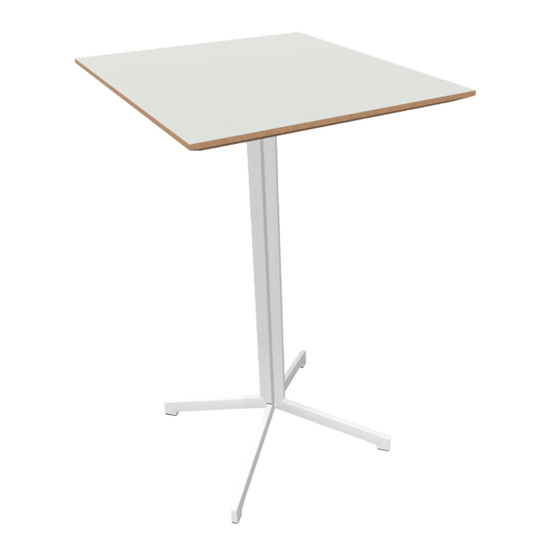 White square table with a natural wood edge and sleek white metal base, ideal for modern decor.