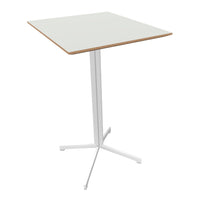 White square table with a natural wood edge and sleek white metal base, ideal for modern decor.