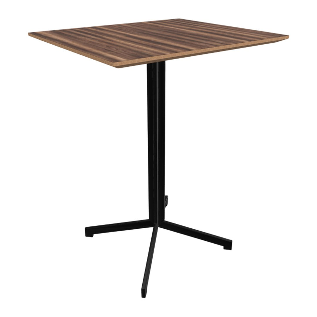 Square wooden table with a dark walnut finish and black metal legs, featuring horizontal striped patterns.