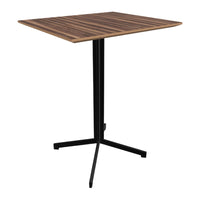 Square wooden table with a dark walnut finish and black metal legs, featuring horizontal striped patterns.
