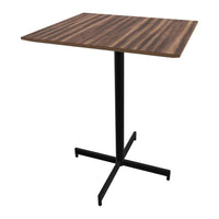 Brown wood-grain tabletop with black metal base, featuring clean lines and modern design for a stylish look.