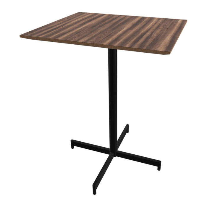 Brown wood-grain tabletop with black metal base, featuring clean lines and modern design for a stylish look.