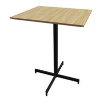 Woodgrain tabletop with light beige and dark brown stripes, paired with a sleek black metal base.