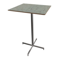 Square green tabletop with a textured finish on a sleek silver metal base, perfect for modern decor.