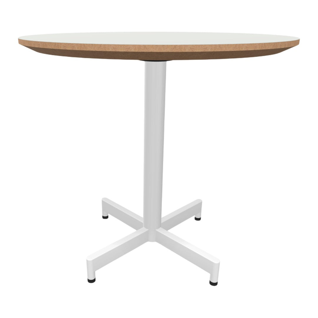 Round tabletop in white with natural wood edge and sleek white metal base, featuring a minimalist design.