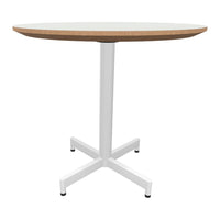 Round tabletop in white with natural wood edge and sleek white metal base, featuring a minimalist design.