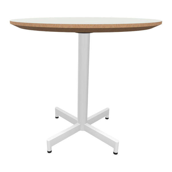 Round tabletop in white with natural wood edge and sleek white metal base, featuring a minimalist design.