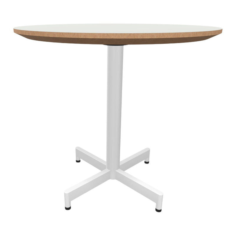 Round tabletop in white with natural wood edge and sleek white metal base, featuring a minimalist design.