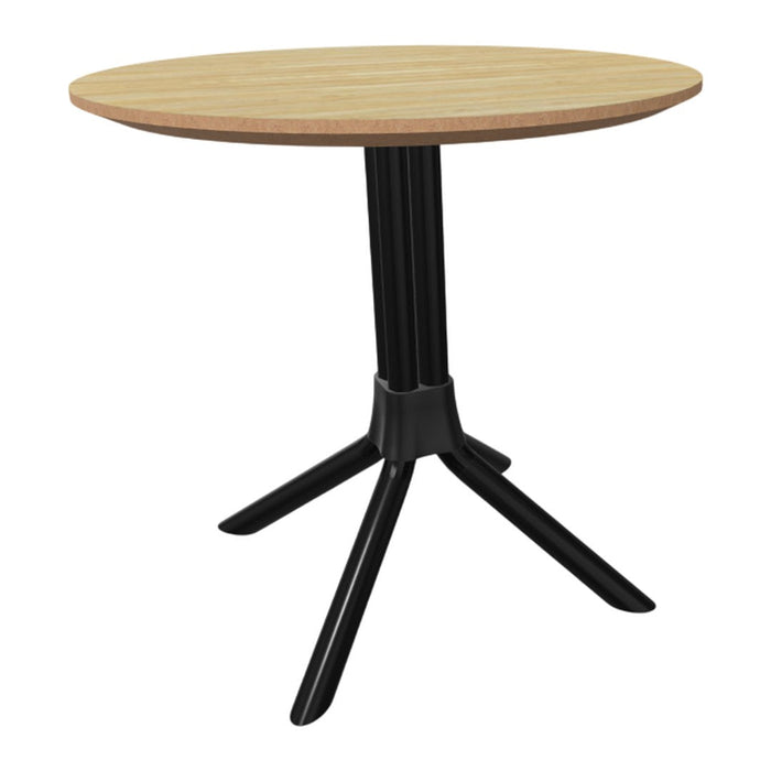 Round wooden table with a light oak top and a sleek black metal base, combining natural and modern styles.