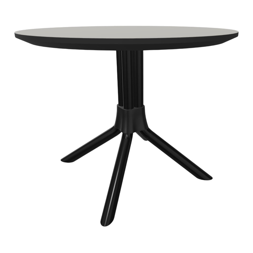 Black round table with a sleek black base and minimalist design, perfect for modern decor.